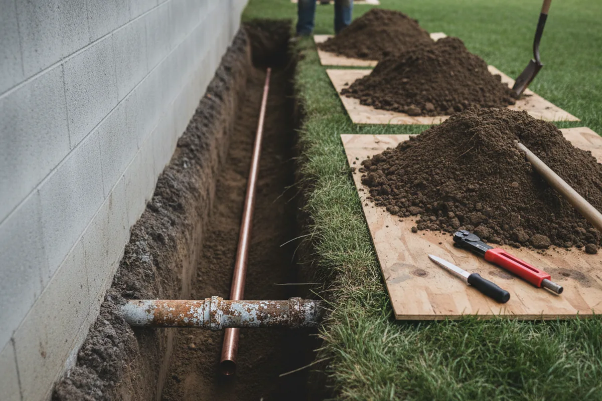Excavated water line trench during Sewer Line Repair in Reading